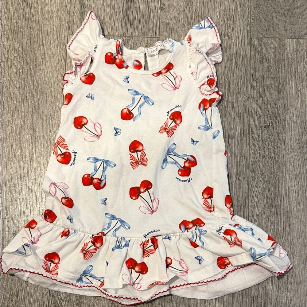 MonnaLisa White Dress with Red and Blue Cherry  md in Italy sz 12-18 like new